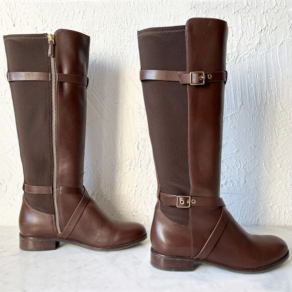 Cole Haan Knee High Riding Boots Brown Leather & Fabric Panel - Women's 7.5B - Picture 4 of 9